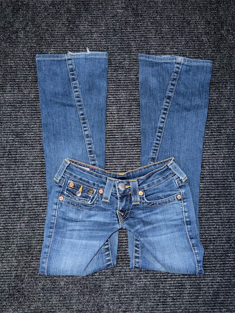 RARE Vintage True Religion Joey Low Rise Twisted Flare Jean 24x29.5 USA Made y2k